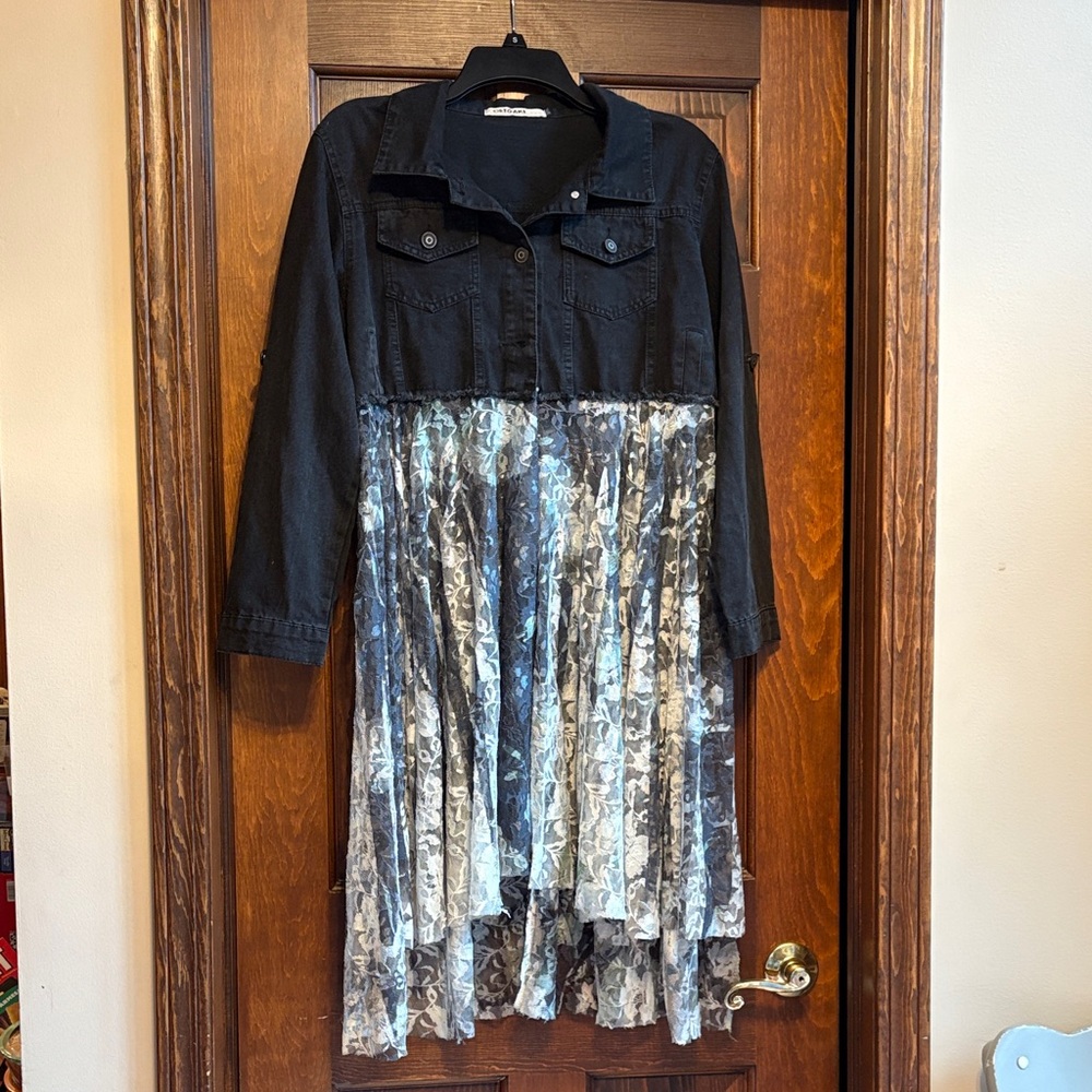 Origami Black Denim Jacket Duster with attached high low floral lace.NWOT Small